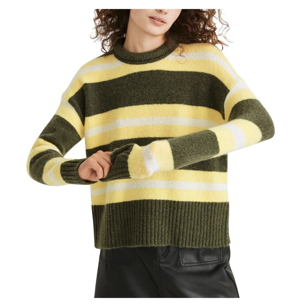 Madewell Striped Fulton Green Yellow Rolled Crewneck Wool Blend Pullover Sweater